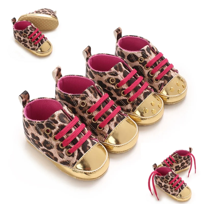 Modische Babyschuhe mit Leopardenmuster, 0–18 Monate, mit bedrucktem, lässigem Schnür-Obermaterial, PU-Sportschuhe, Babyschuhe, Wanderschuhe