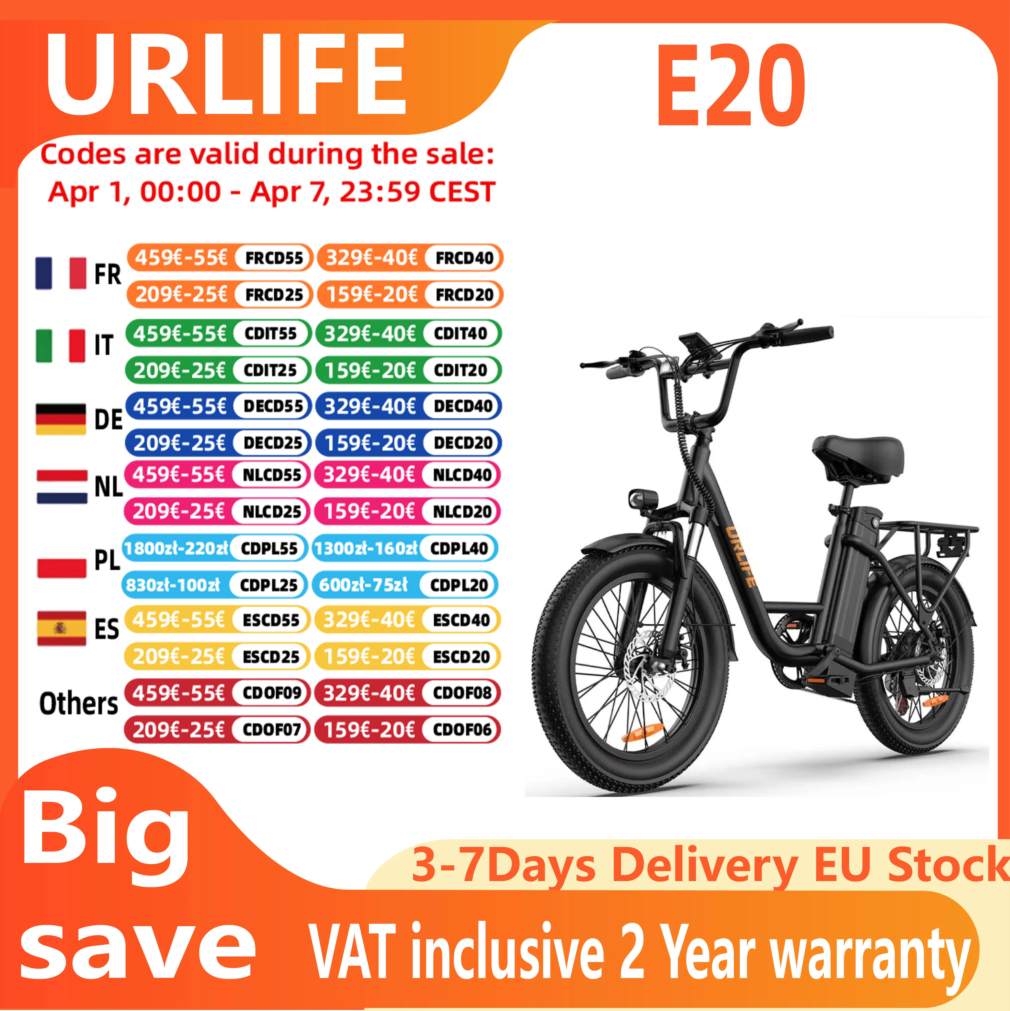 URLIFE E20 All-Terrain-Elektrofahrrad 250W Motor Elektrofahrräder für Erwachsene 48V 13AH 20 Zoll Reifen City-Pendler-E-Bikes Image