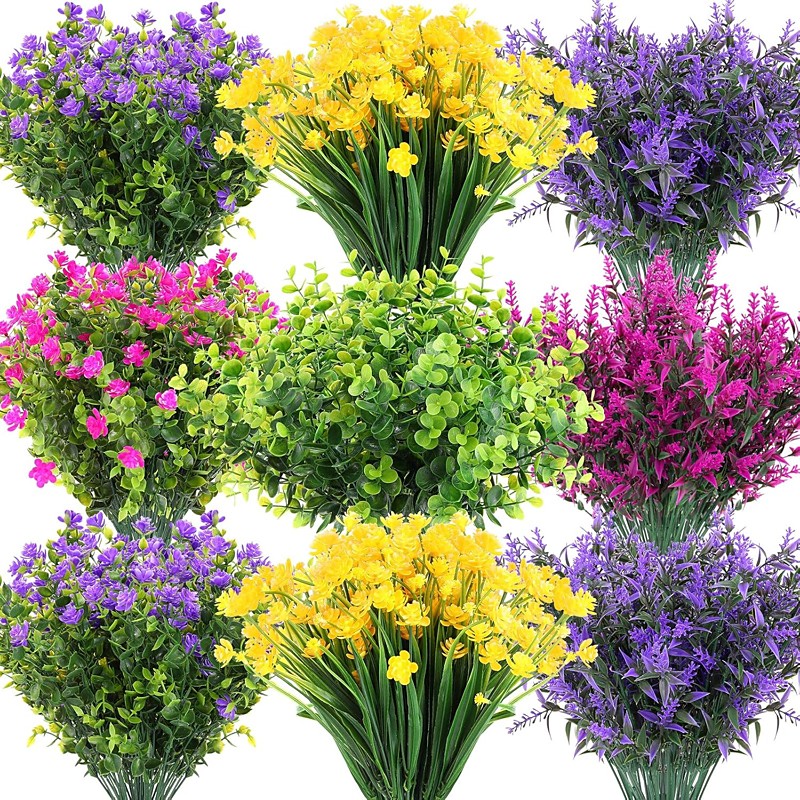 24 Bundles Artificial Spring Flowers for Outdoor Fake UV Resistant Flower Plants Boxwood Faux Plastic Shrubs Plants for Patio Porch Garden Hanging Vase Pots Home Decor