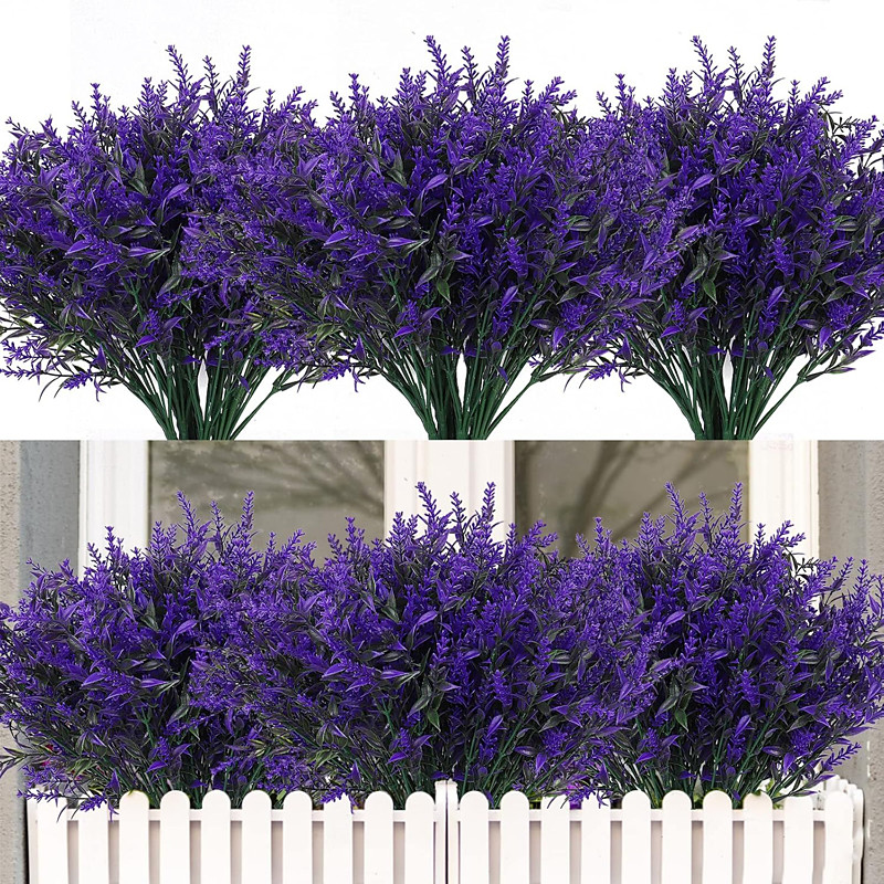 24 Bundles Outdoor Artificial Flowers Lavender UV Resistant Fake Outdoor Plants, Faux Greenery for Indoor Outside Hanging Plants Garden Porch Window Box Home Wedding Farmhouse Décor