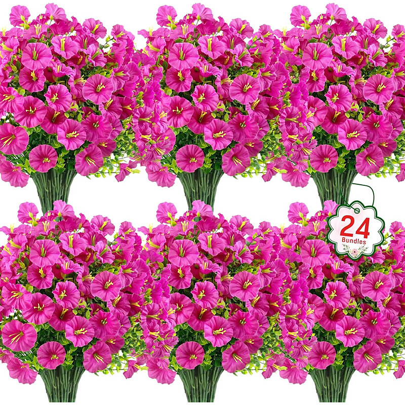 24 Bundles Artificial Flowers for Outdoors Decoration Fake Silk Morning Glory Flowers Faux Eucalyptus Plants UV Resistant for Porch Patio Garden Spring Summer Home Decor, Multicolor