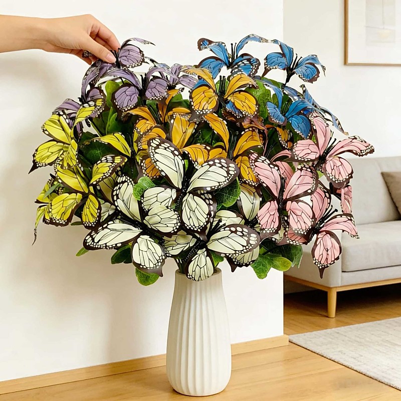 6 Bundles Mixed Color Butterfly Flower, Outdoor Simulation Plastic Decorative Flowers, Limited Edition Butterfly Bouquet for Home, Hotel, Office, Wedding, Party, Garden, Porch, Cabin, Courtyard