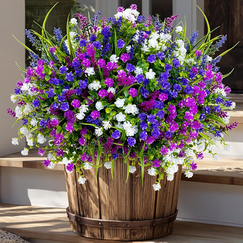 20 Bundles Artificial Flowers for Outdoors Fake Plants Faux Outside Greenery Boxwood No Fade Plastic Shrubs Home Decor Farmhouse Garden (Mixed, 3 Colors Magenta Purple White)