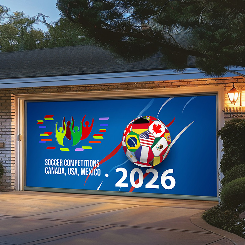 2026 Soccer Competitions Canada USA Mexico Global Football Tournament Flag Soccer Ball Garage Door Banner Mural Outdoor House Yard Decor Sports Fan Celebration Backdrop Large Hanging Sign
