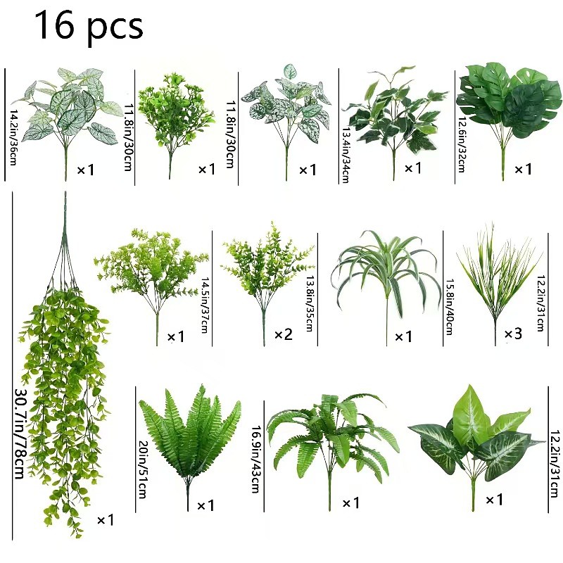16Pcs Outdoor Artificial Plants UV Resistant Fake Shrubs Bushes Plastic Greenery, Faux Plants for Outside Indoor Hanging Plants Garden Porch Window Box Home Wedding Farmhouse Décor