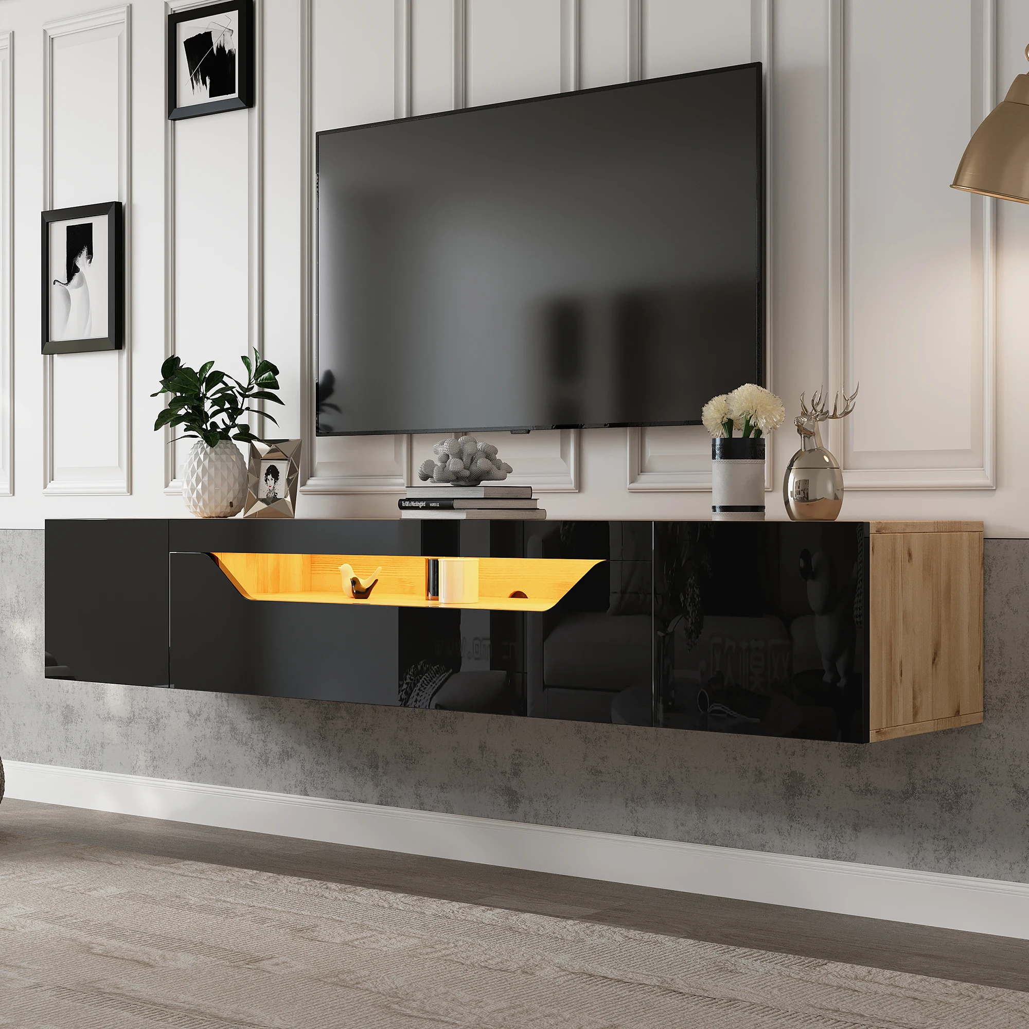 Meuble TV avec 3 compartiments de rangement, meuble bas, meuble TV mural flottant, meuble TV brillant avec éclairage LED, table TV