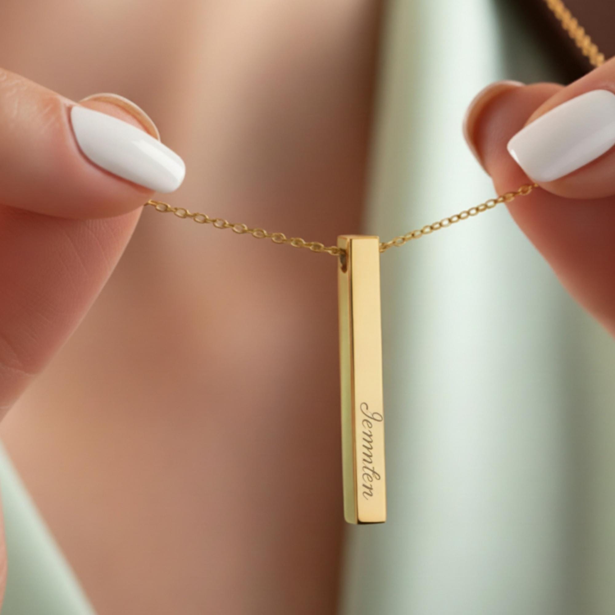 Collana con barra verticale 3D personalizzata, collana con barra 3D, ciondolo a 4 lati con catena, ciondolo con barra con nome inciso, collana con bar