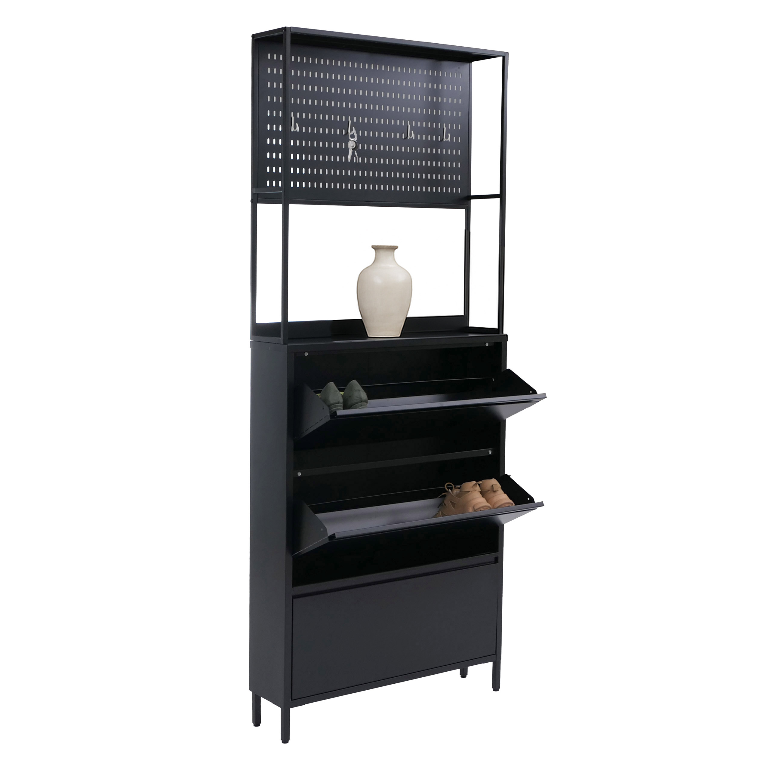 Schuhschrank HWC-O86, Schuhregal Schuhkipper, 3 Kippfächer Ablage Haken Metall 201x80x20cm ~ schwarz