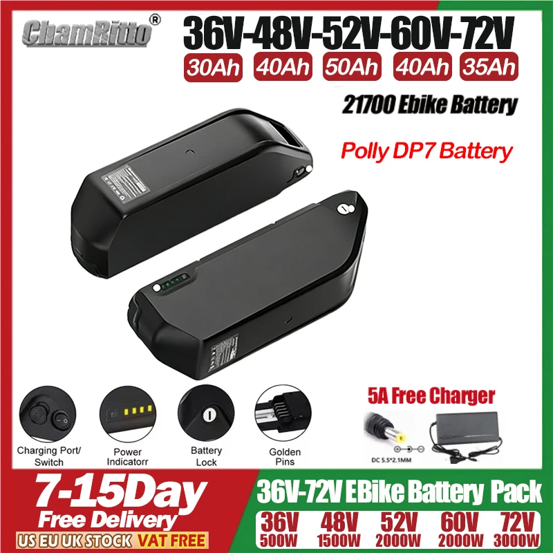 Batteria per E-Bike Hailong Polly DP-7 36V 48V 52V 60V 20Ah 25Ah 30Ah 40Ah 50Ah 60Ah, Accumulatore per Bici Elettrica Fatbike 72V Bafang 3000W