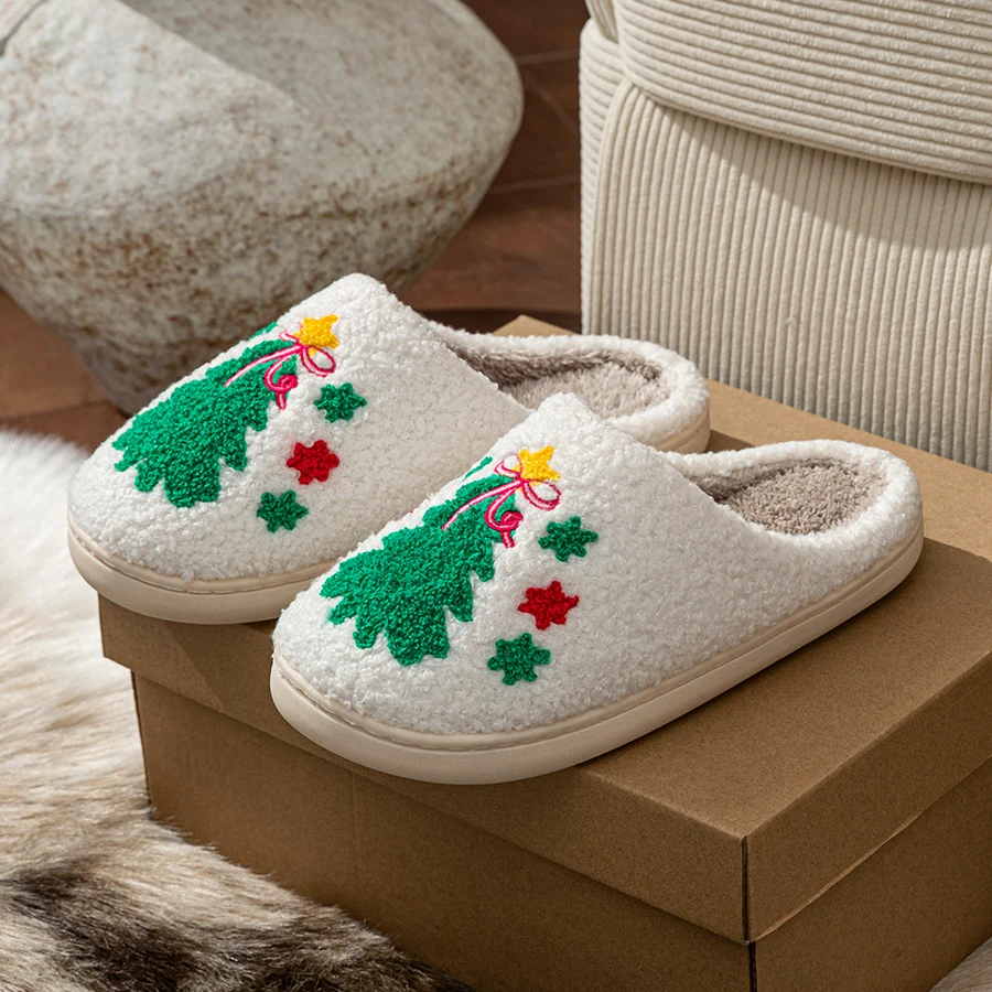 Hausschuhe für Damen, Winter, warm, klassisch, Weihnachtsbaum, gesticktes Muster, für den Innenbereich, flauschig, weiche Sohle, für Zuhause, Freizeitschuhe, Schlafzimmer Image