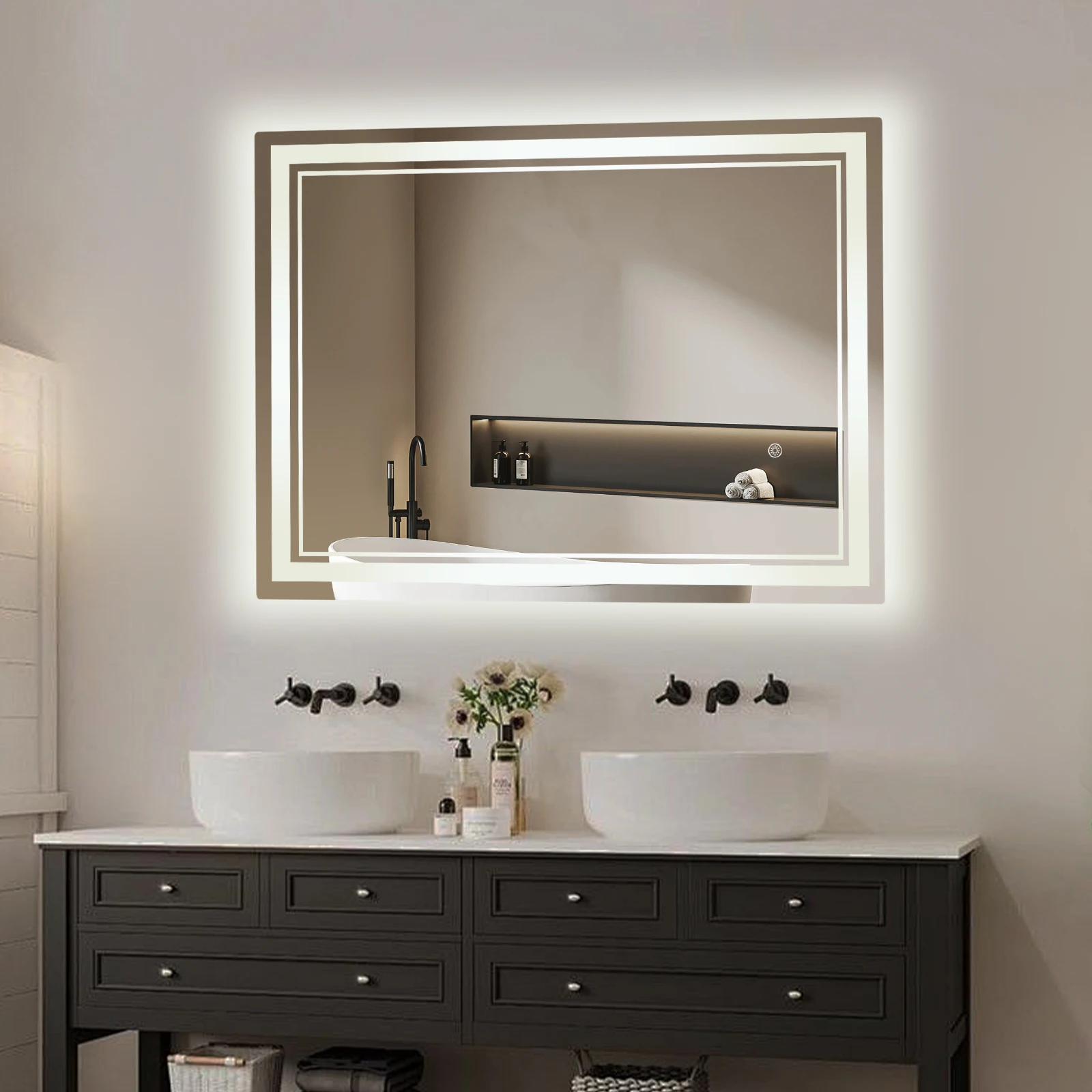 5,3 kg Glas-LED-Badezimmerspiegel 80 * 60 * 2,5 cm, 3-farbige Temperatur einstellbar, 10-100 % Helligkeitsregulierung, Touch-Schalter, Antibeschlag-Funktion