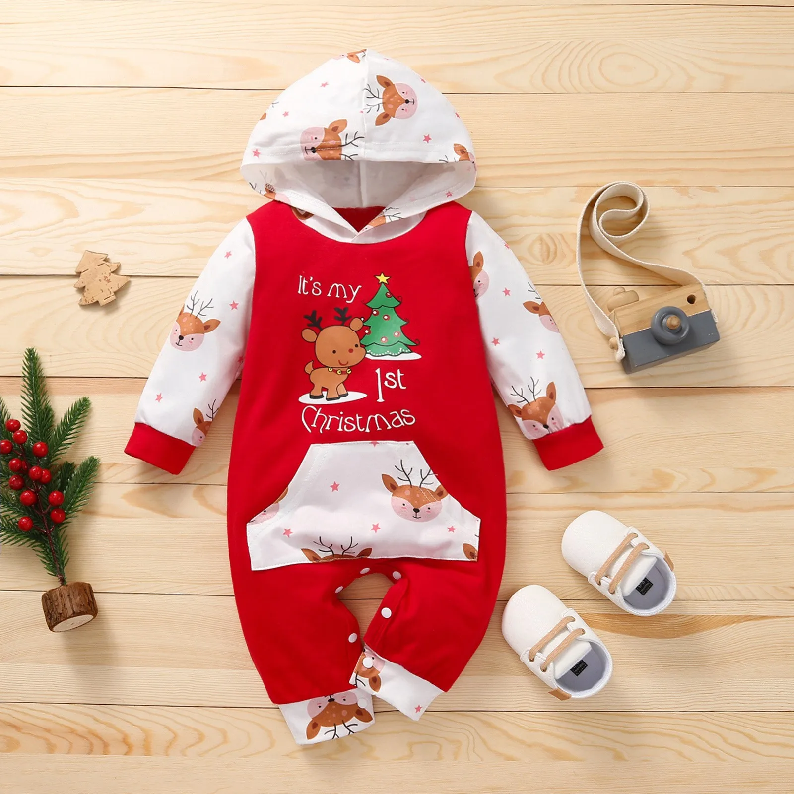Autumn Style Baby Girl Deer Print Christmas Jumpsuit Long-Sleeved Front Patch Pocket Hooded Jumpsuit Image