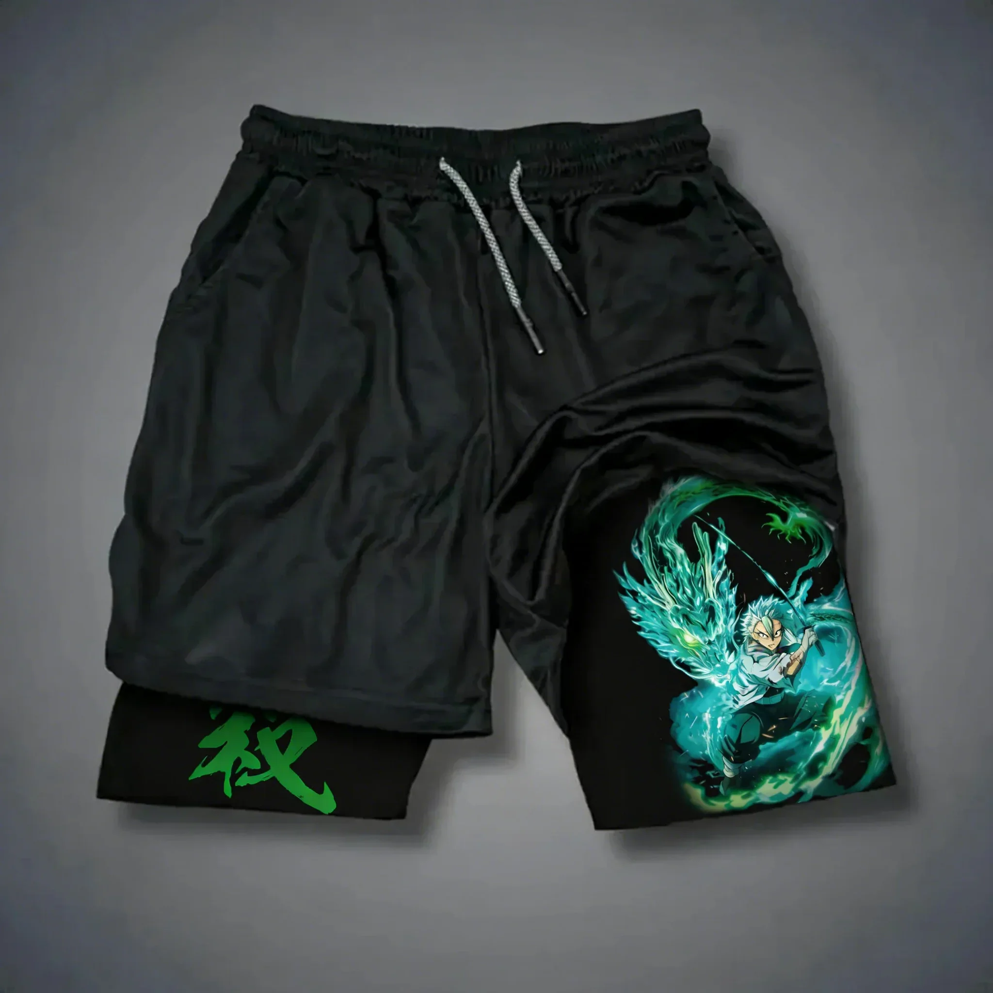 Demon Slayer Anime Shinazugawa Sanemi bedruckte Shorts für Herren, Sommer, Fitness, Übung, atmungsaktiv, schnell trocknend, 2-in-1-Shorts Image
