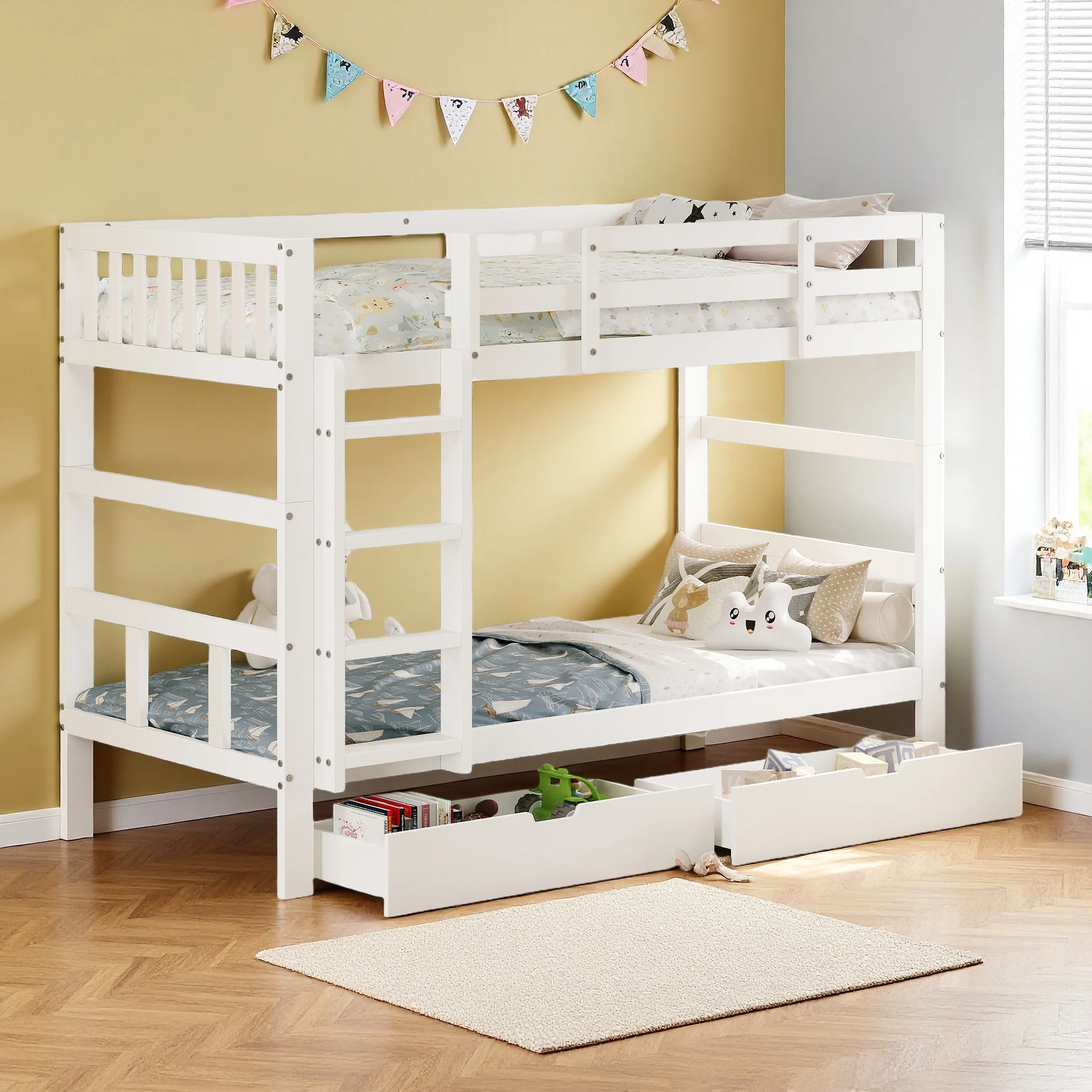 Comanlai Konvertierbares Holz-Etagenbett mit 2 Schubladen, teilbar in zwei Betten 90x200cm für Kinderzimmer Image