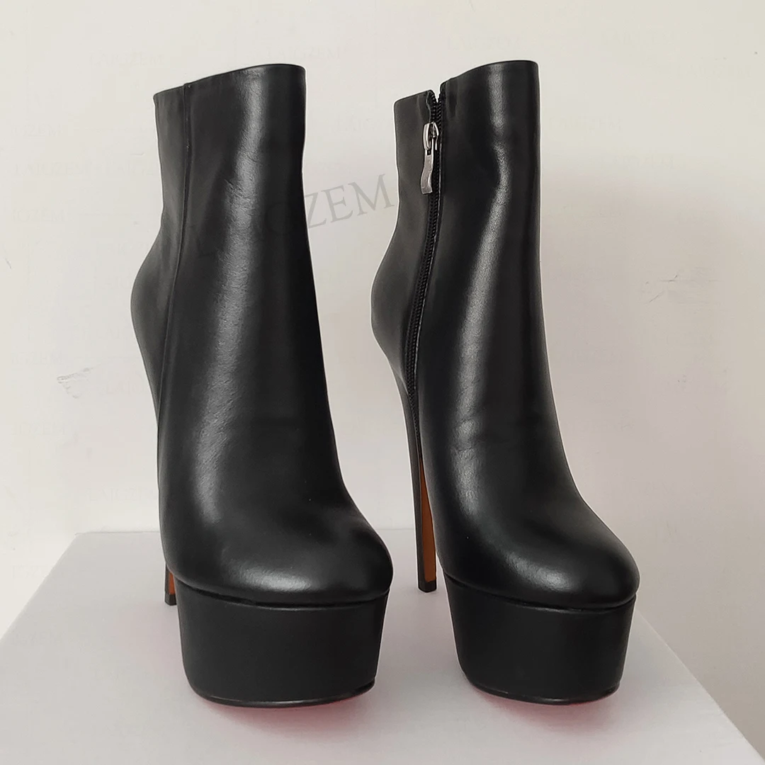 LAIGZEM ECHTES LEDER Damen Knöchel Plateaustiefel Reißverschluss Stiletto High Heels Stiefel Beige Schwarz Schuhe Frau Große Größe 33 38 39 40
