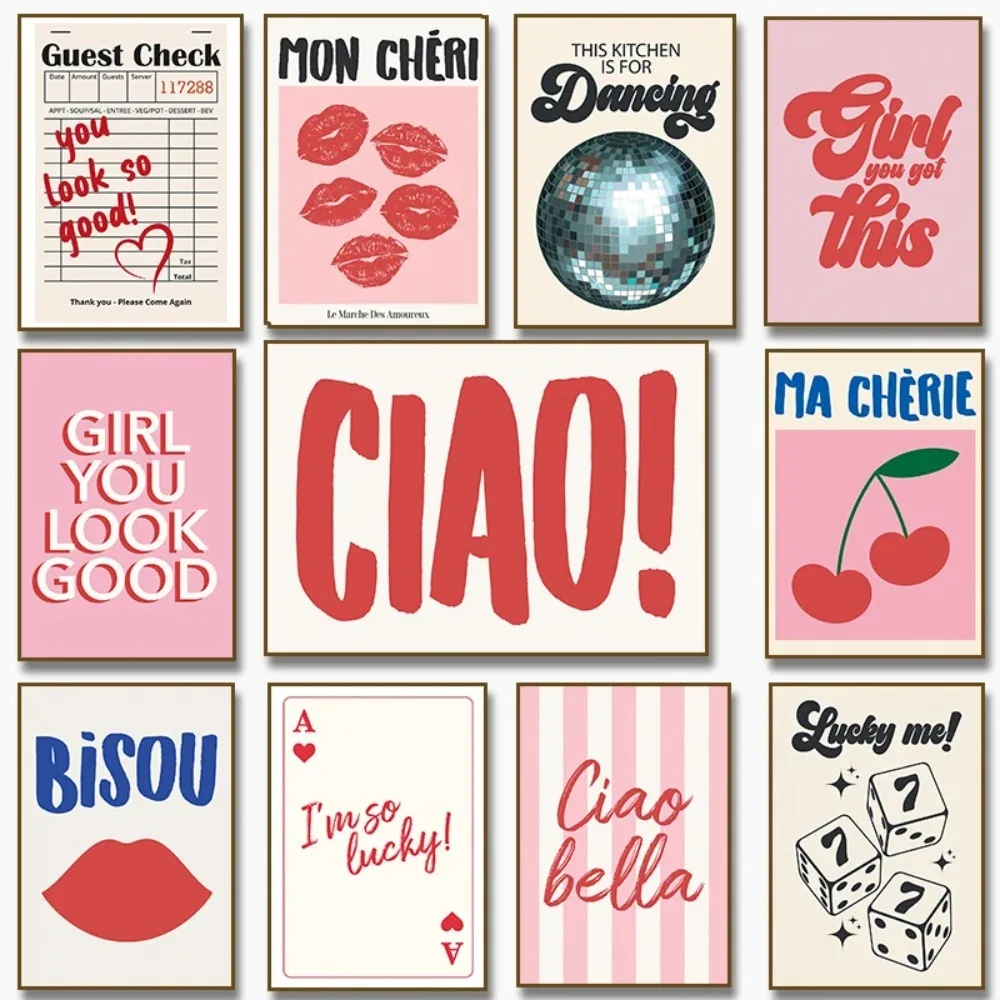 1 Stück rahmenloses Ciao Bella Cherry Disco Ball Poster, rosa Wandkunst, Leinwandbild „Guest Girl You Look Good“ für Zuhause und Zimmer Image