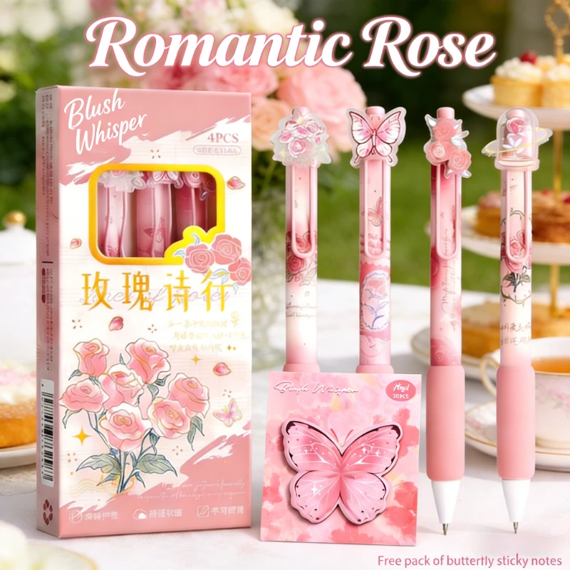 Romantisches Rosen-Einziehstift-Set (4er-Pack) | Enthält schmetterlingsförmige Haftnotizen | 0,5-mm-ST-Spitze, elegantes Design Image