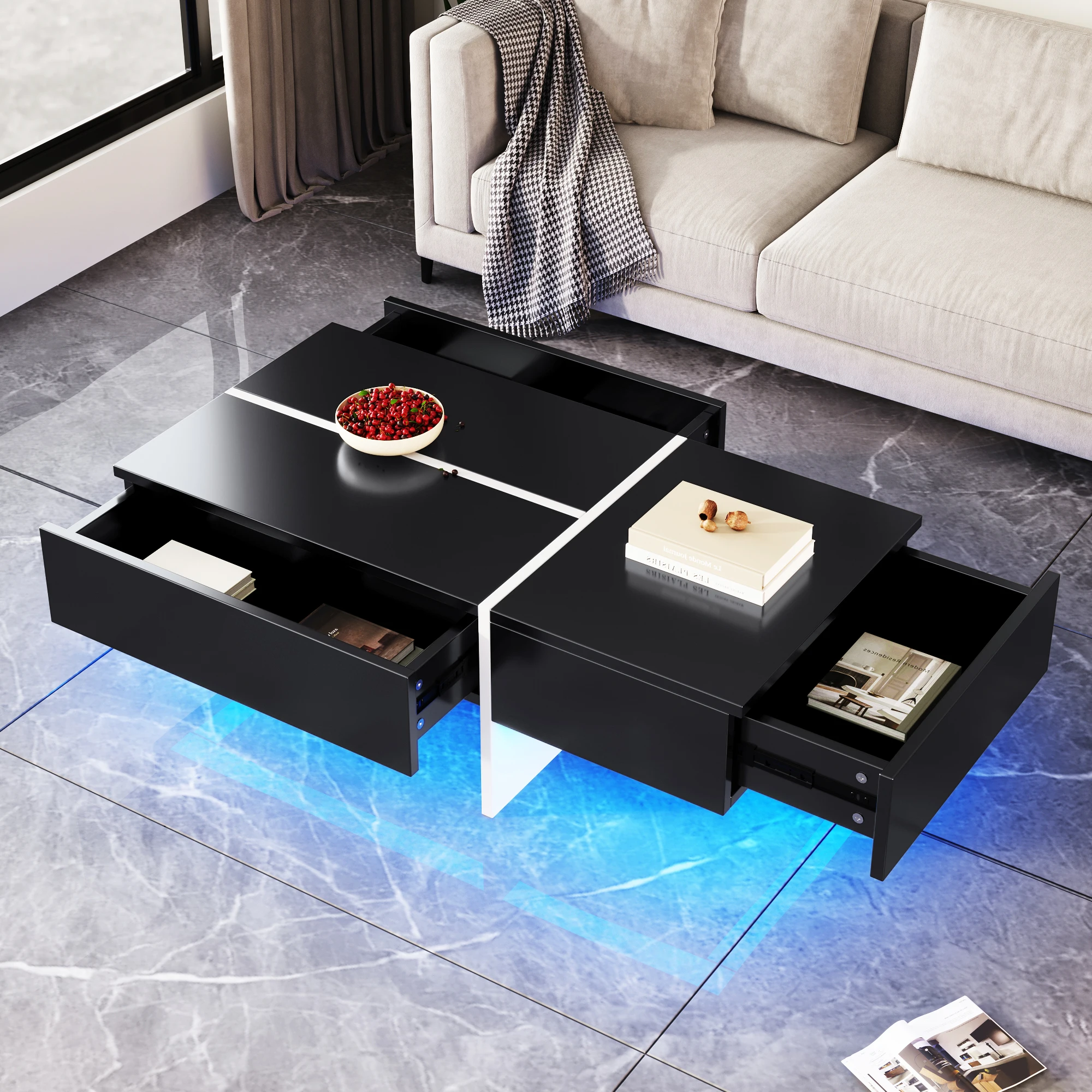 Couchtisch hochglanz mit LED Beleuchtung, mit 3 Schubladen Beistelltisch Kaffeetisch