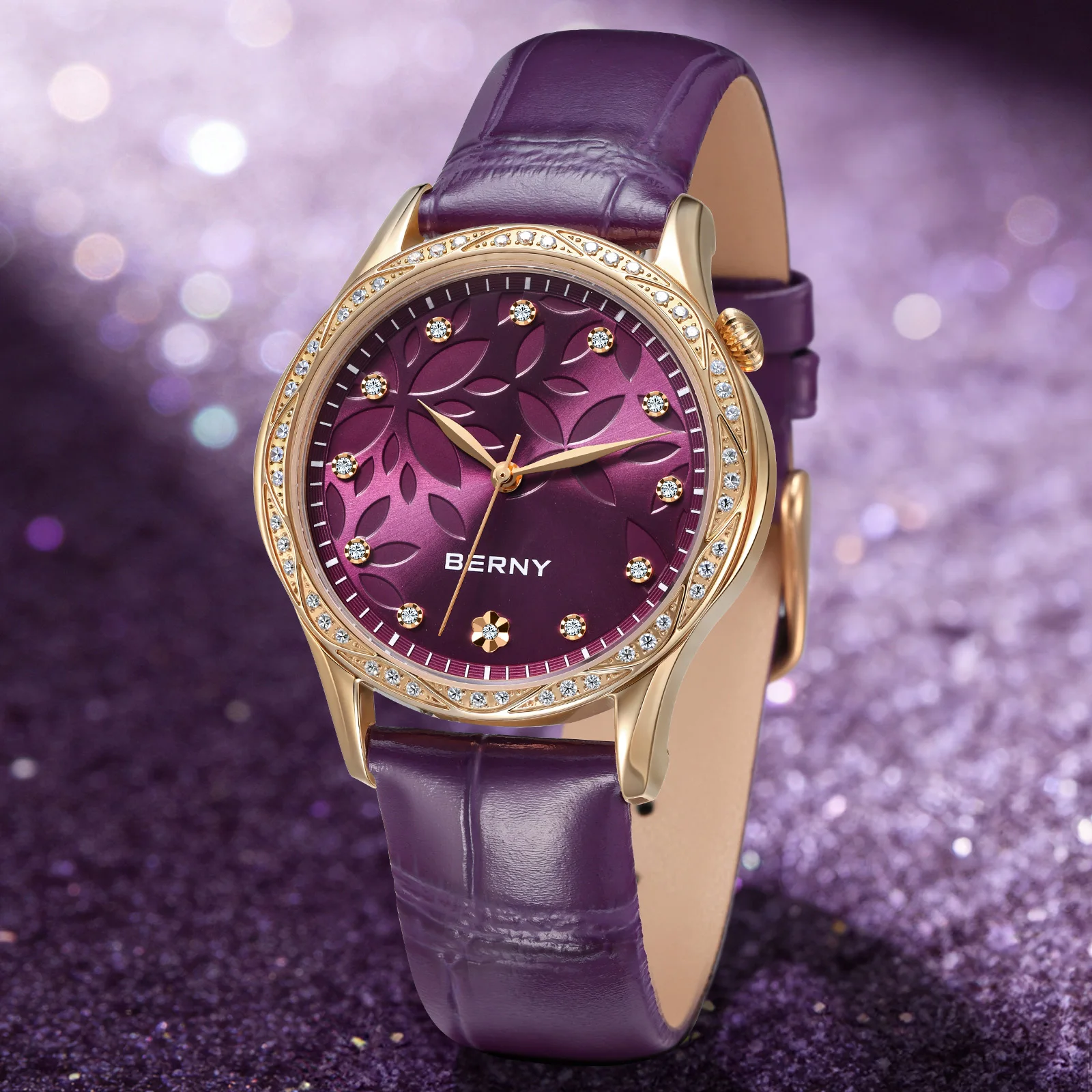 BERNY Damen-Quarzuhr, lila Blütenblatt, Diamant, Roségoldgehäuse, Lederarmband, wasserdicht, Luxusuhr, elegante Damen-Armbanduhr
