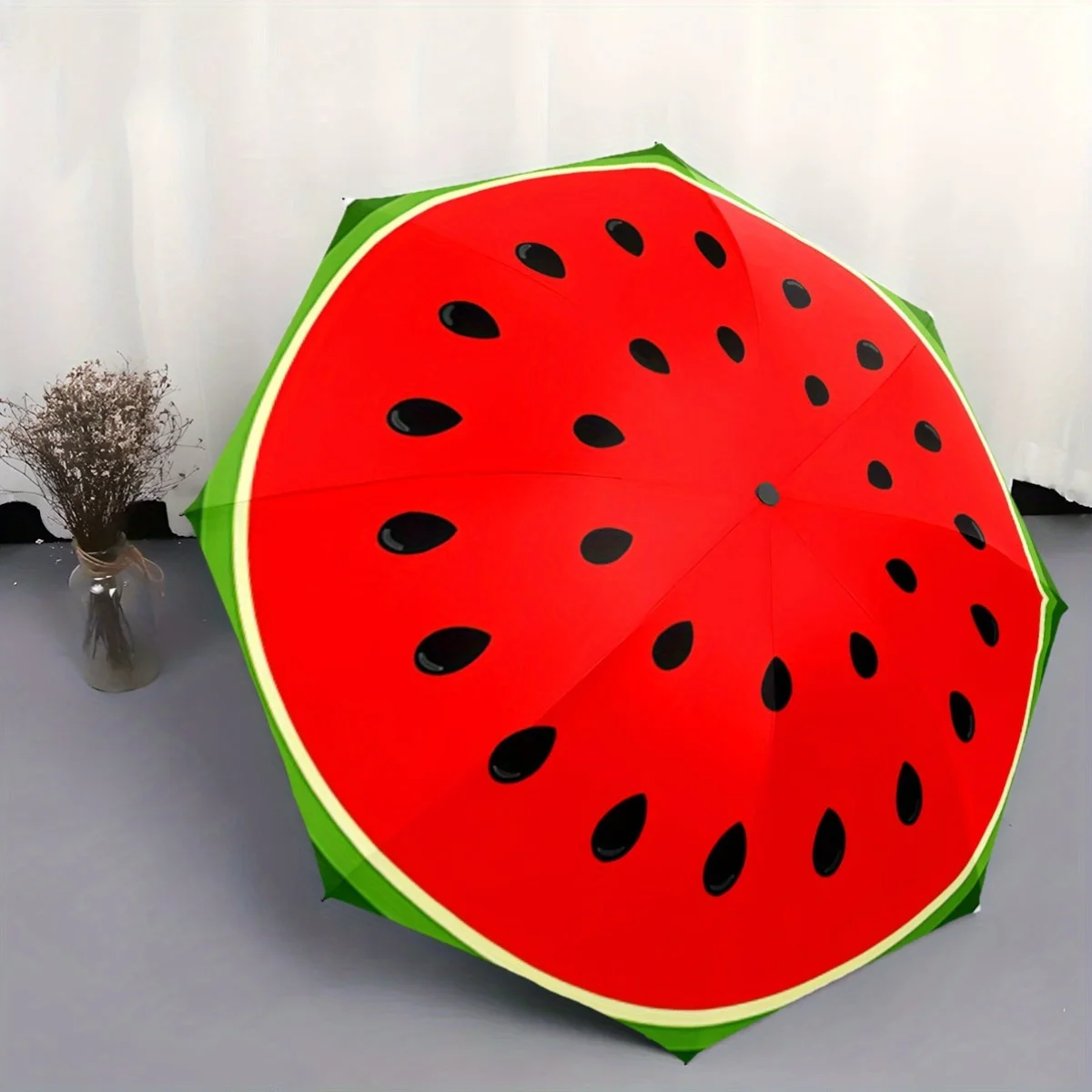 Automatischer Faltschirm mit Wassermelonen-Scheiben-Design - Tragbarer Zusammenklappbarer 8-Rippen-Schirm, Leuchtend Rot & Grün, Leichtgewichtig Image