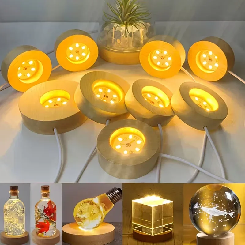 6 cm/8 cm LED-Display-Basen aus Holz, runde LED-Lichtständer mit USB-Kabel, warmweißes/RGB-Nachtlicht, künstlerischer Kristallglasständer Image