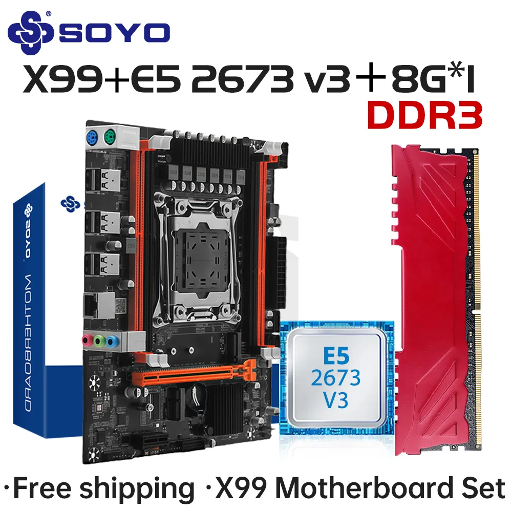 SOYO X99 D3 Gaming-Motherboard-Set mit Intel LGA2011-3 E5 2673 V3 CPU DDR3 1*8GB ECC RAM-Speicher M.2 NVME Computerkomponenten