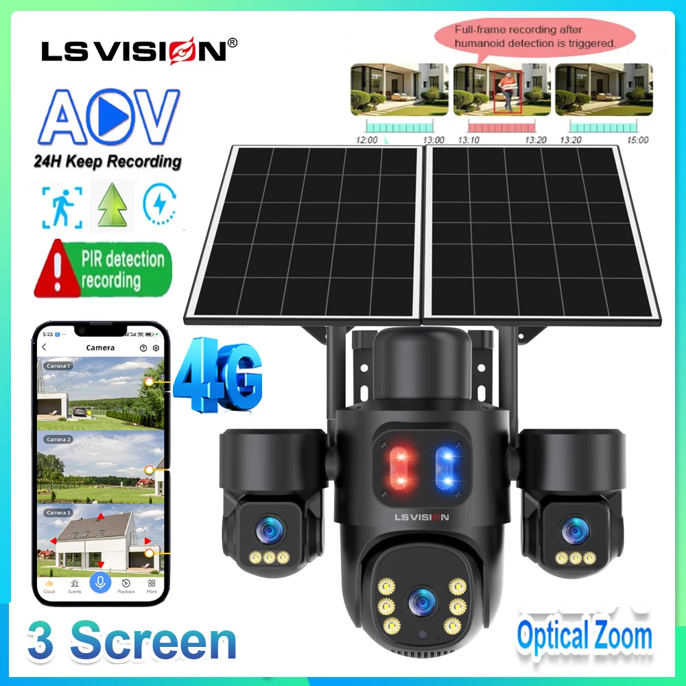 LS VISION AOV/PIR 3-Bildschirm 4G Solar-Kamera mit Optischem Zoom für Außenbereich, Heimüberwachungskameras mit Farbnachtsicht und Automatischer Verfolgung Image