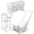 Dolls White Varnished Wooden Set Cradle Cot Bed, High Chair and Pram - Girl's Toy