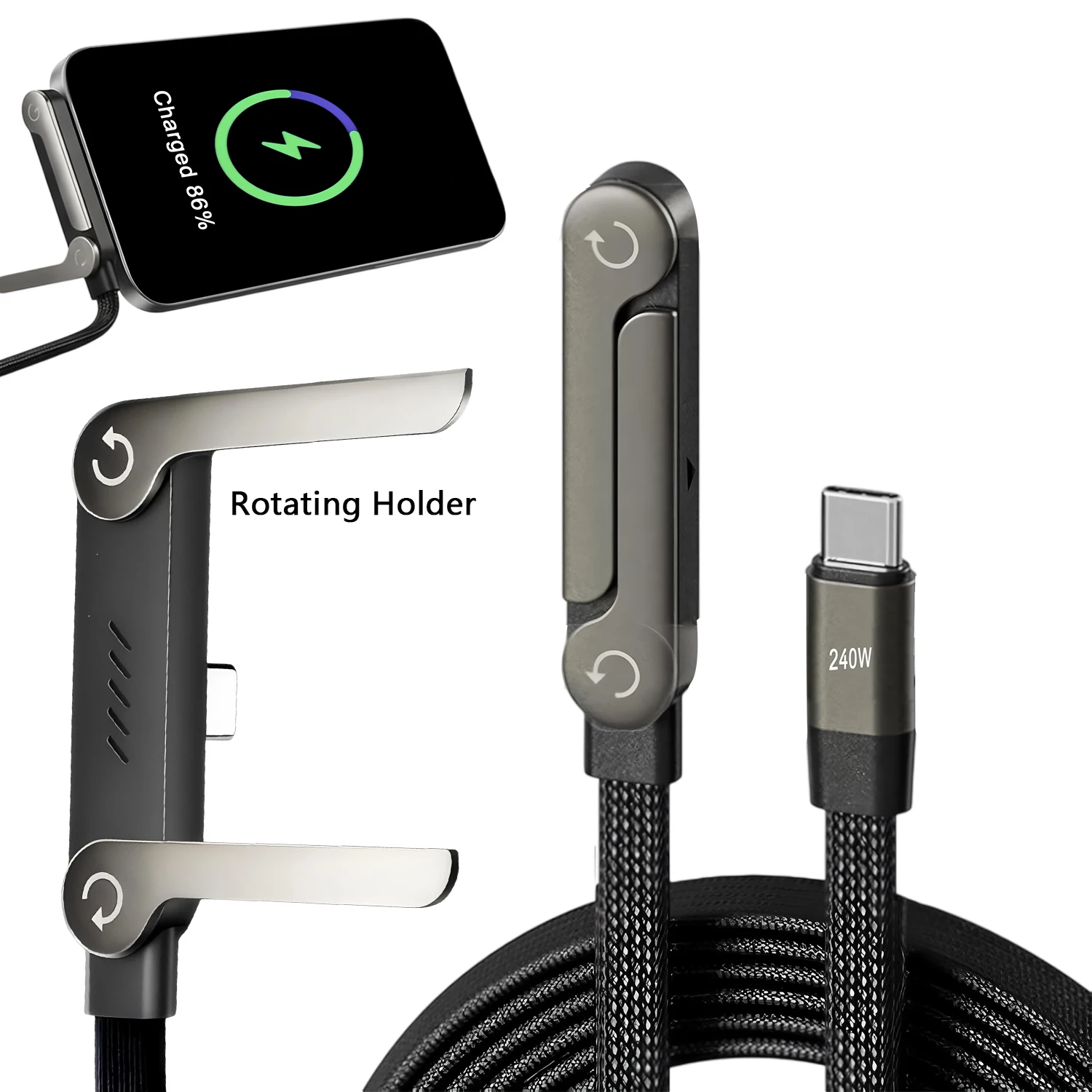 Cavo Type-C 2-in-1 con Supporto Pieghevole per Telefono, Ricarica Rapida 240W, Cavo Dati Multifunzione, Supporto di Ricarica per Telefono, Cavo Dual PD