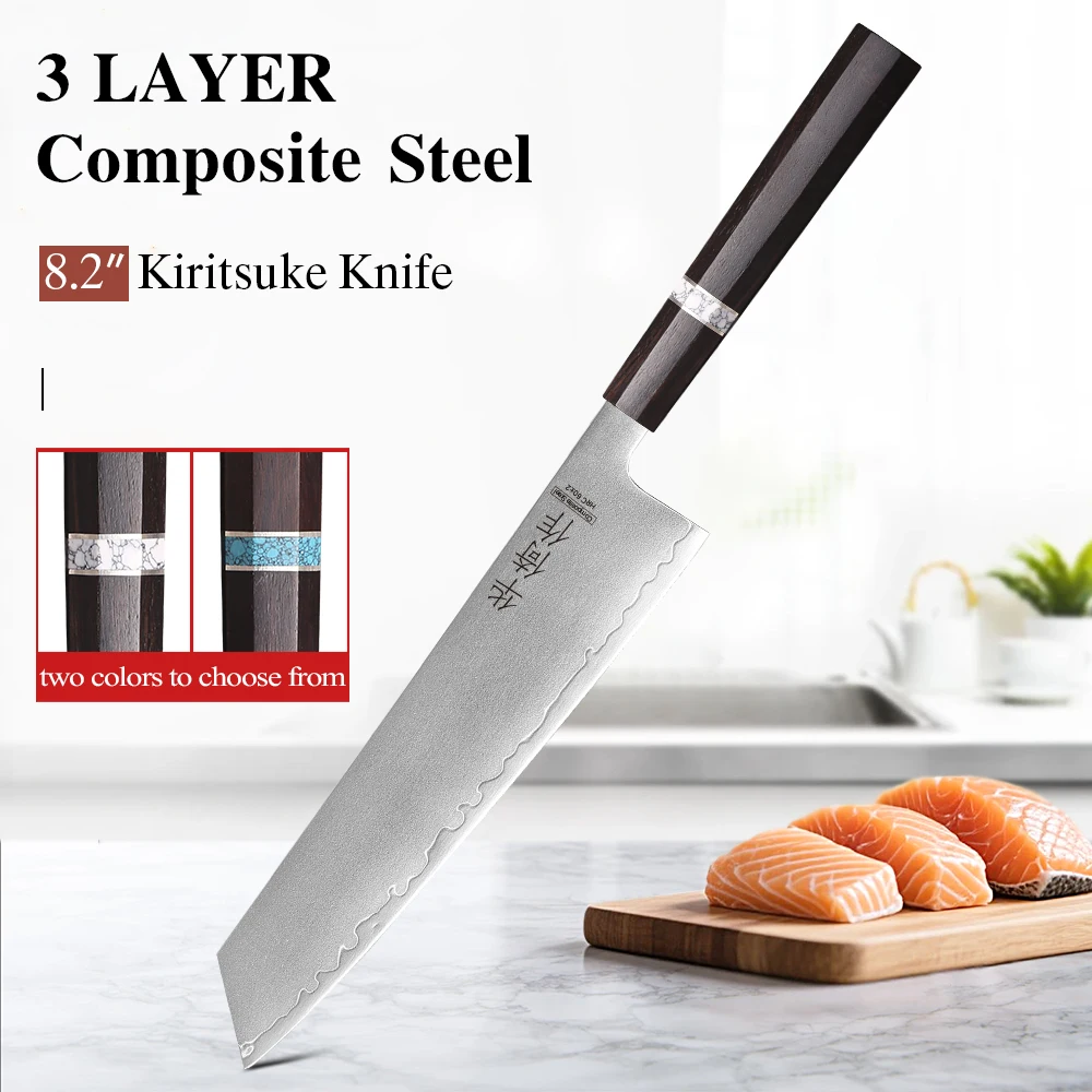 Coltello da Chef Giapponese Kiritsuke da 8,2 Pollici in Acciaio Composito Forgiato a Mano, Coltello Professionale da Cucina, Utensile per Affettare e Cucinare