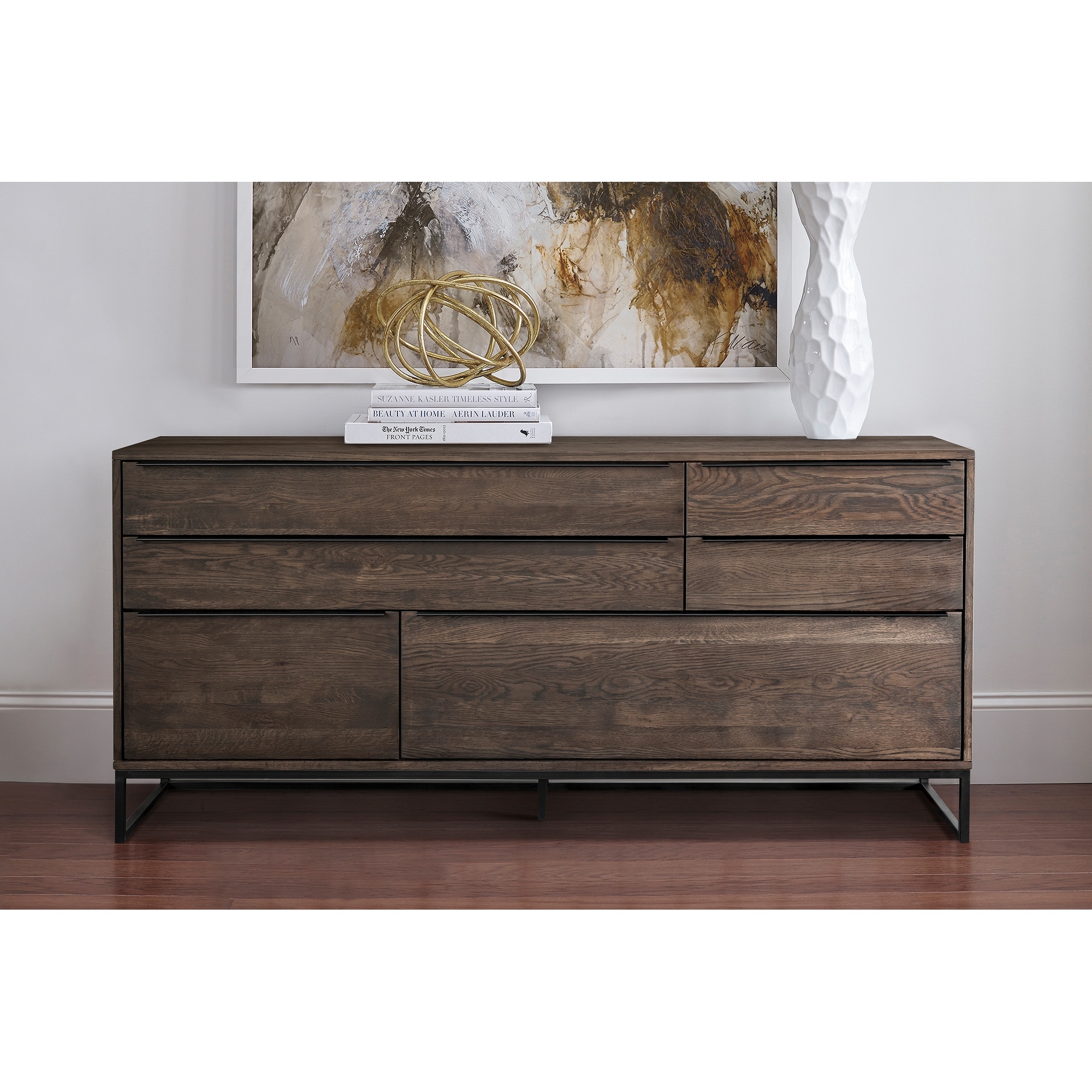 Nevada Mid-Century Modern Solid Oak Wood Buffet Sideboard Cabinet with 4 Drawers and 2 Cabinets
