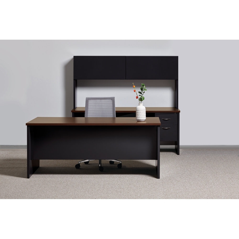 Hirsh Executive Office Modular Double Pedestal File Office Desk, 36 inch D x 72 inch W, Black / Walnut