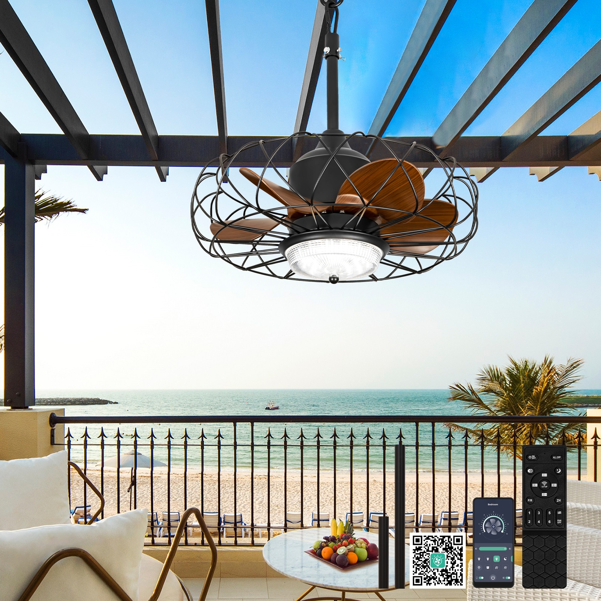 Cusp Barn 20" Outdoor Ceiling Fan with Lights, Waterproof Gazebo Hanging Fan with App Remote Control, Plug-in Caged Ceiling Fan