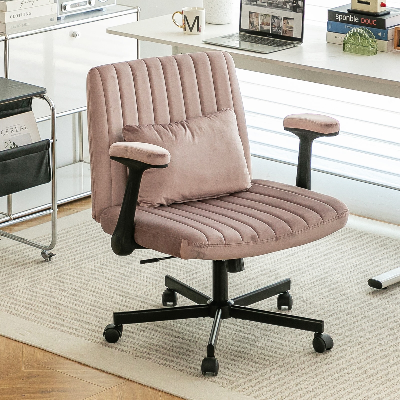 Pink Cross-Legged Office Chair, Vanity Chair with Adjustable Seats and Wheels, for Home Offices and Studies