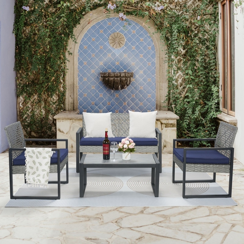 4-Piece Patio Furniture Set Outdoor Balcony Porch Garden Backyard Lawn Furniture Acacia Wood Table Top