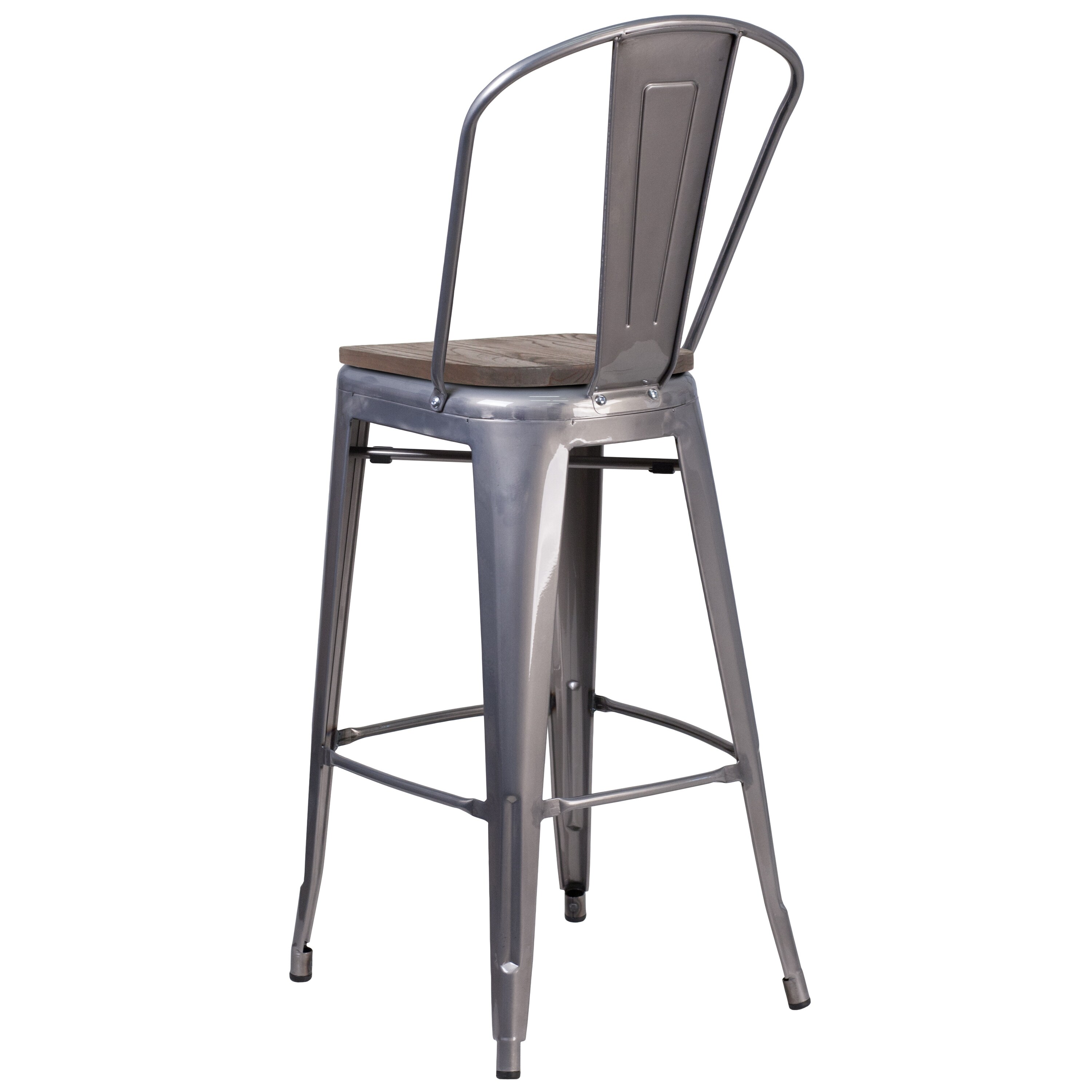 30" High Clear Coated Barstool with Back and Wood Seat - 17.75"W x 22.5"D x 46.5"H - 17.75"W x 22.5"D x 46.5"H