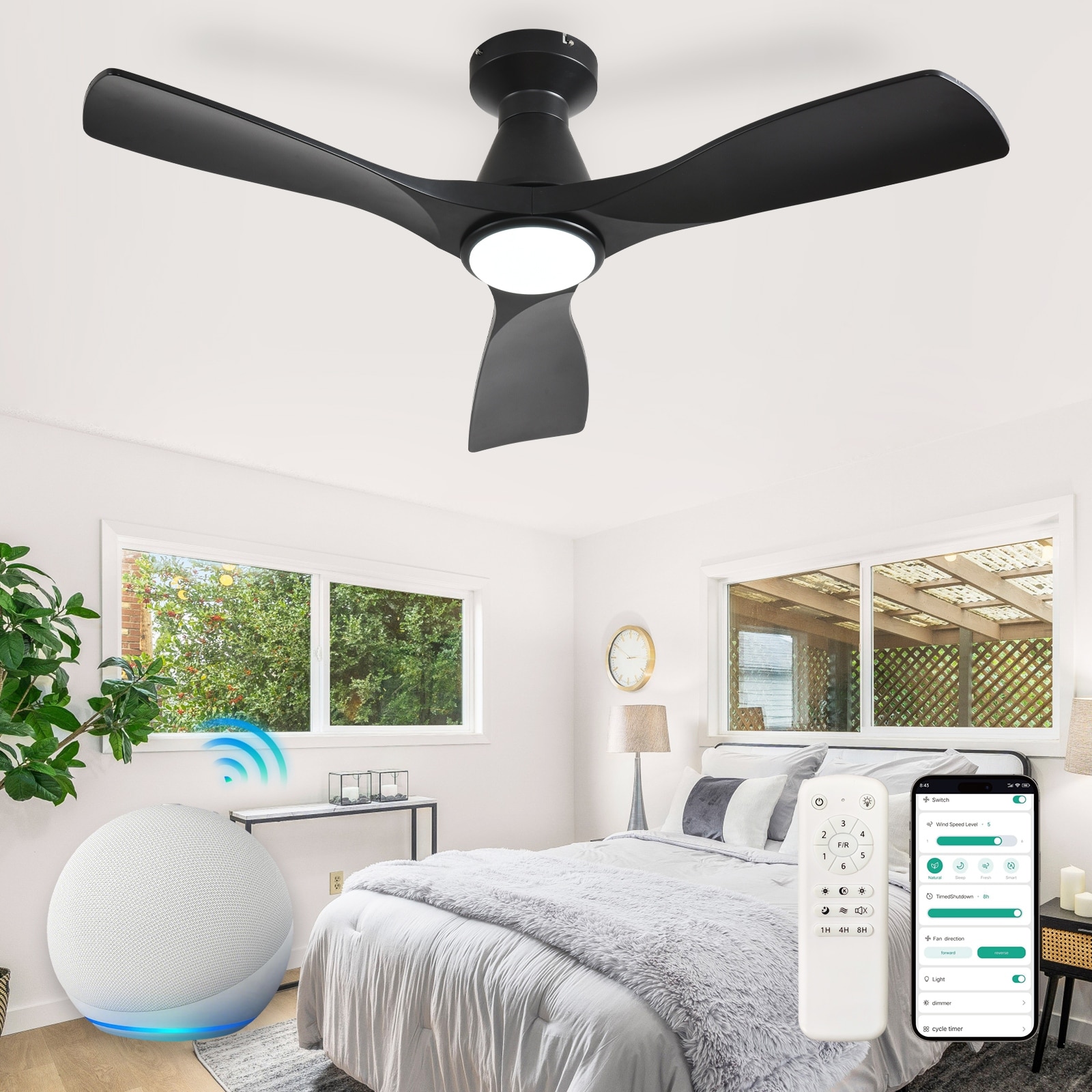 Ceiling Fans with Lights and APP: Flush Mount Low Profile Ceiling Fan for Bedroom - Dimmable Indoor Outdoor Fan
