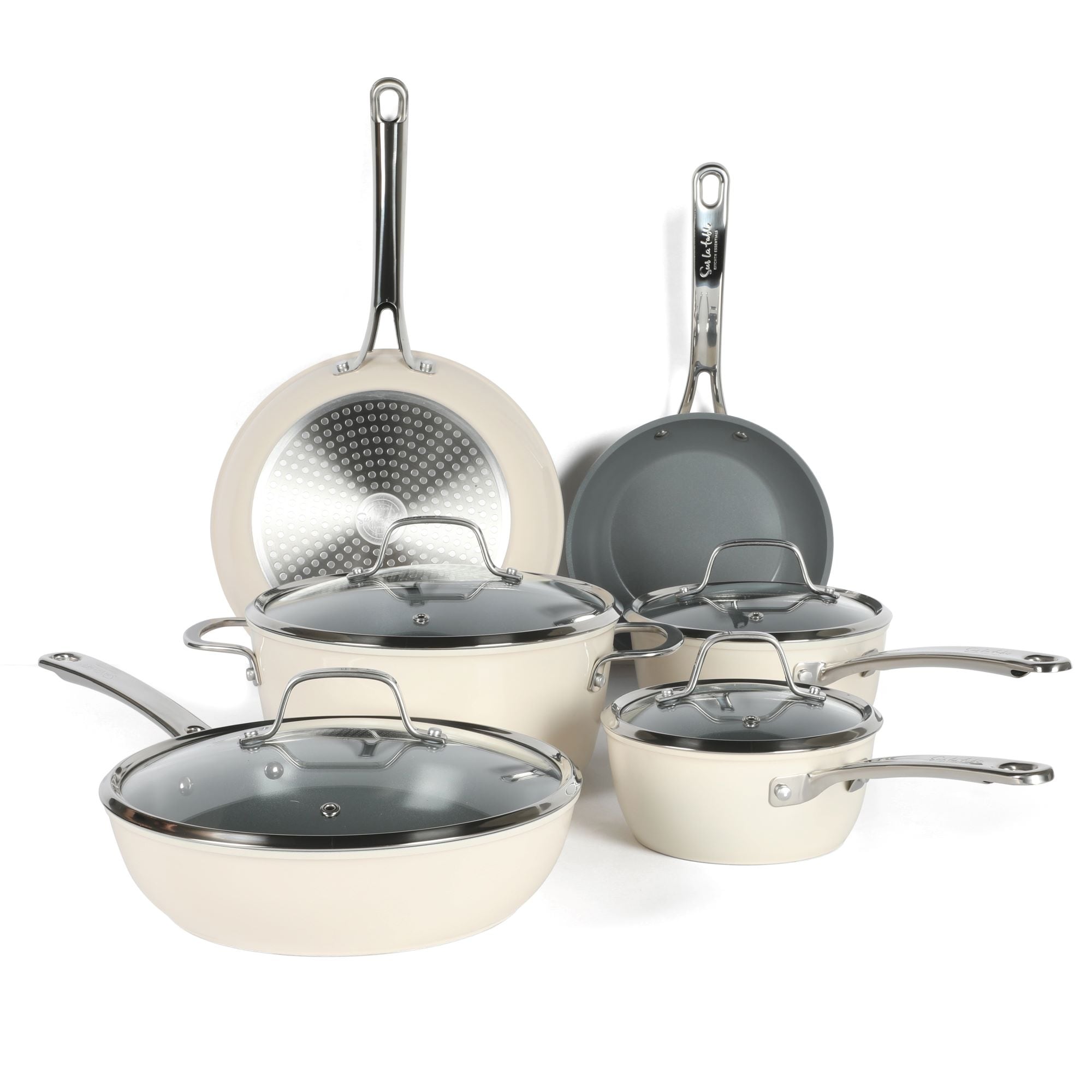 Sur La Table Kitchen Essentials 10 Piece PFA Free Titanium Ceramic Nonstick Interior Forged Aluminum Cookware Pots and Pans Set