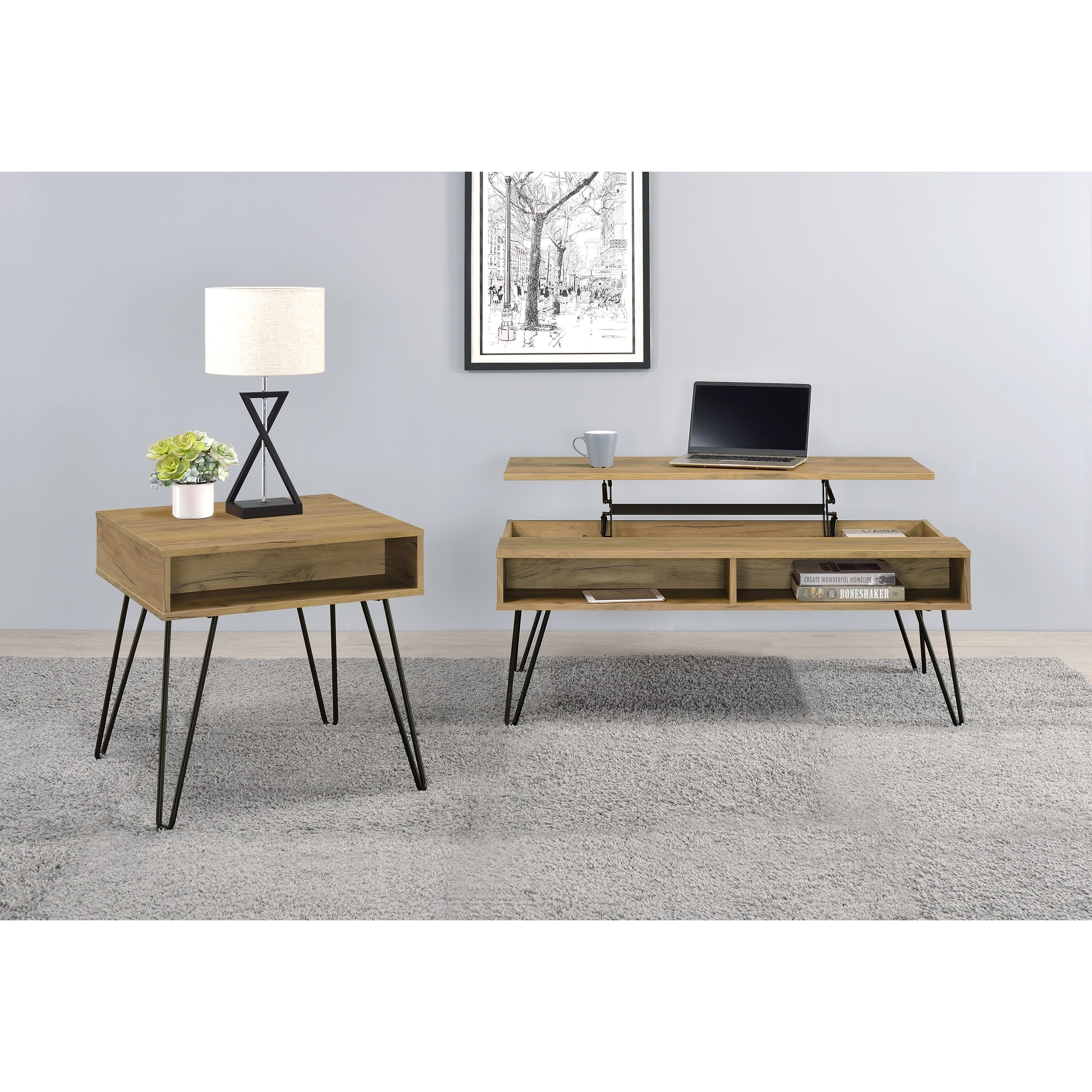 Fanning Lift Top Coffee And End Table Set Golden Oak