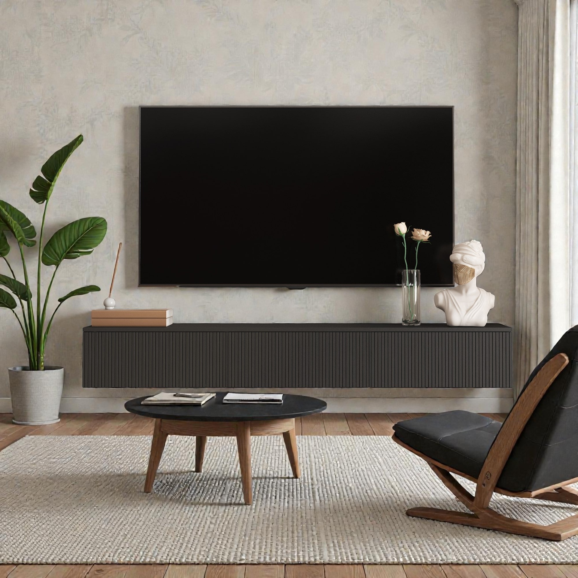 65" Floating TV Stand Wall Mounted with 16 Color LED Lights, Modern TV Cabinet for 55-65 Inch TVs