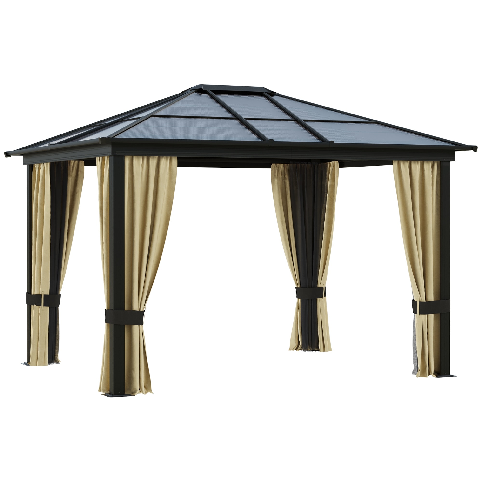 Hardtop Gazebo Canopy with Polycarbonate Roof, Aluminum Frame, with Netting and Curtains for Patio, Garden, Backyard, Lawn, Deck