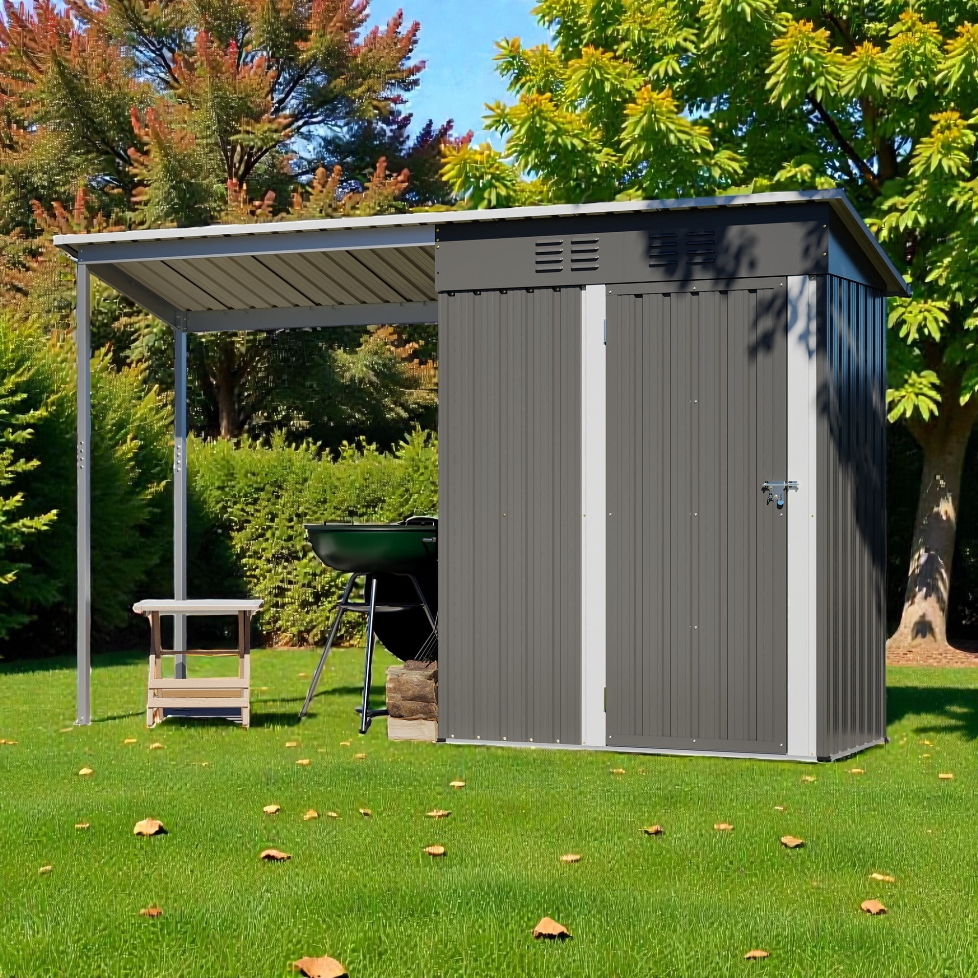 5x3 FT Galvanized Steel Shed and Gazebo Combo, Lean-To Storage Shed with Pergola for Backyard