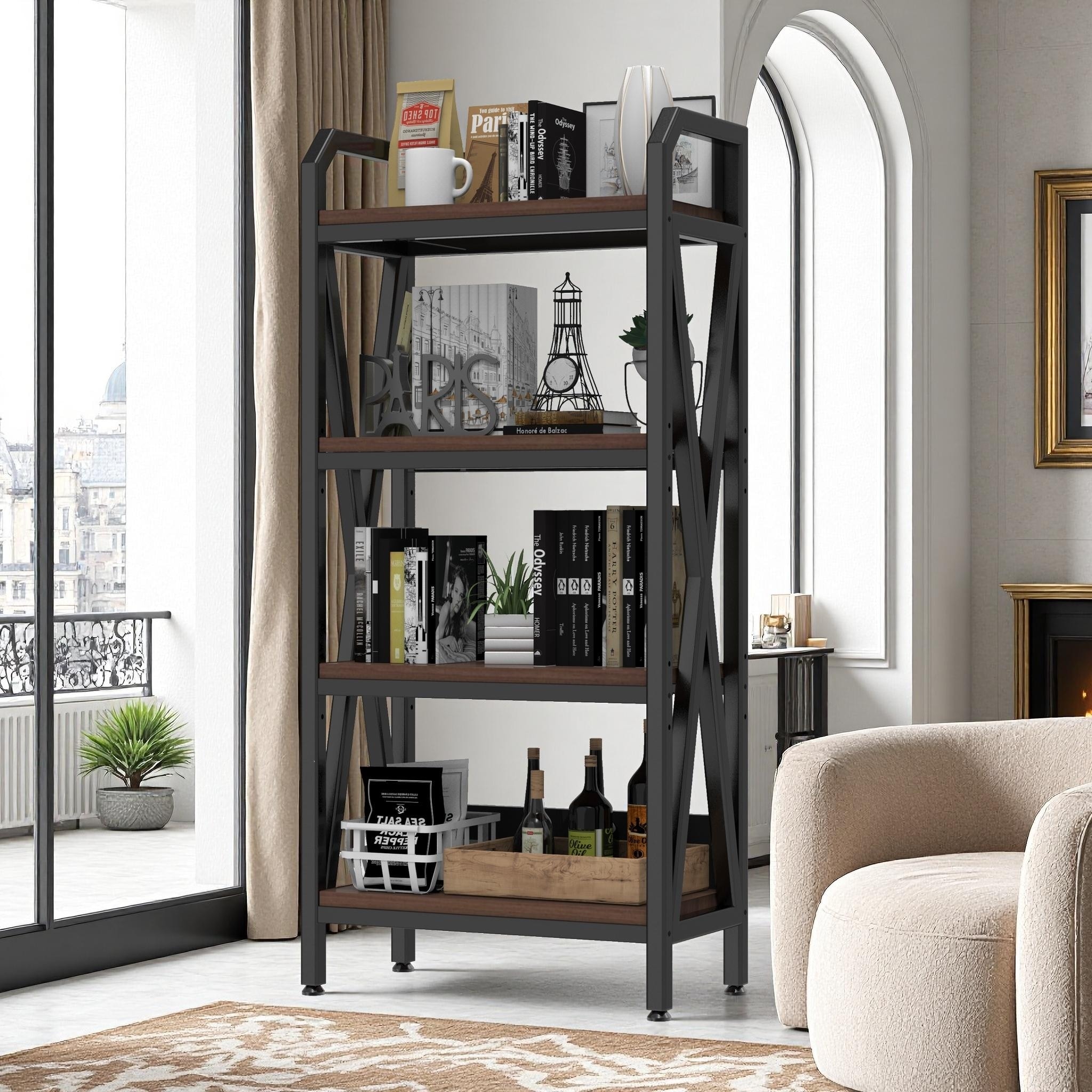 56.30" Bakers Rack 4-Level Storage Shelves Mental and Wooden Kitchen Shelves, Kitchen Organizers and Storage