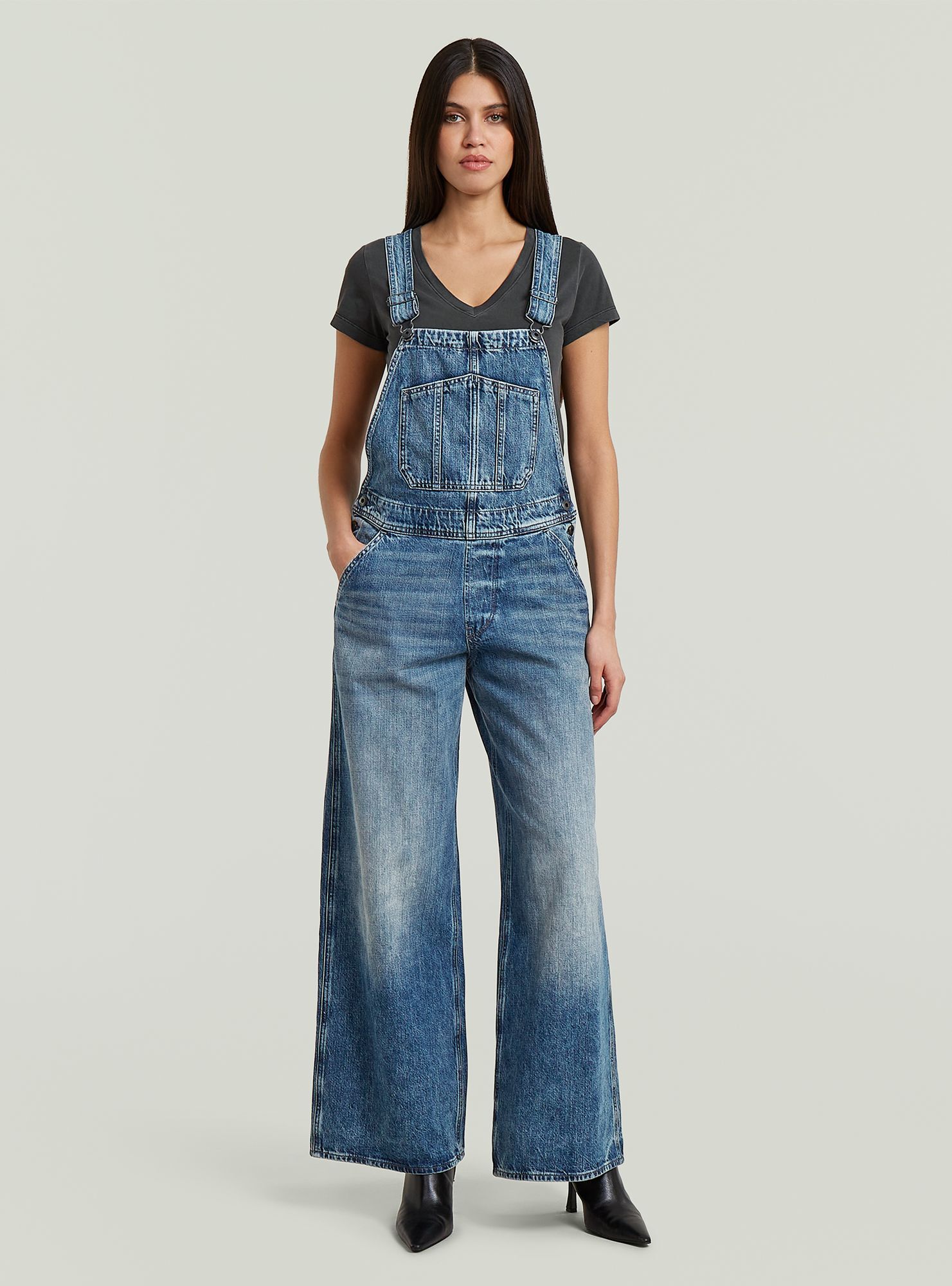 Jumpsuit G-STAR "Cinch Dungaree Wide Jumpsuit", Damen, Gr. L, Normalgrößen, antique faded blau galena, Obermaterial: 95% Baumwolle, 5% Baumwolle, Overalls Jumpsuit Image