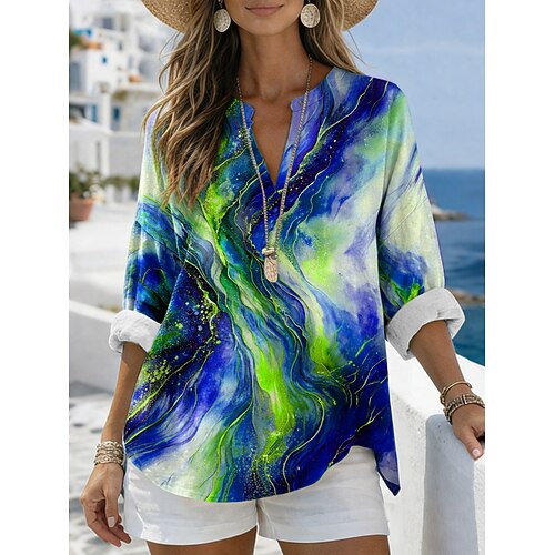 Damen Bluse Druck Grafik Geometrisch Abstrakt Vintage Täglich Stilvoll Langarm V Ausschnitt Normale Oberteile Lässig Täglich Blau Hellgrün Rote Purpur Grün Sommer Frühling Image