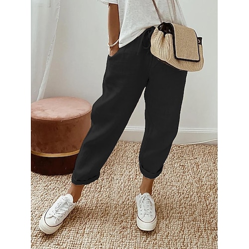 Damen Schlabberhose solide Komfort In voller Länge Kordelzug Seitentaschen Ausgebeult Komfort Unelastisch Casual Schwarz Weiß Blau Grün Sommer Frühling Herbst Regular Fit Image