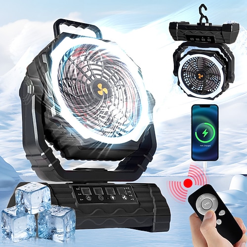 Outdoor-Campingventilator mit starkem Luftstrom, hellem LED-Licht, drehbarem Design, Fernbedienung, Notfall-Hängeventilator für Auto, Zelt, Innenräume und Büro – tragbarer, batteriebetriebener Image