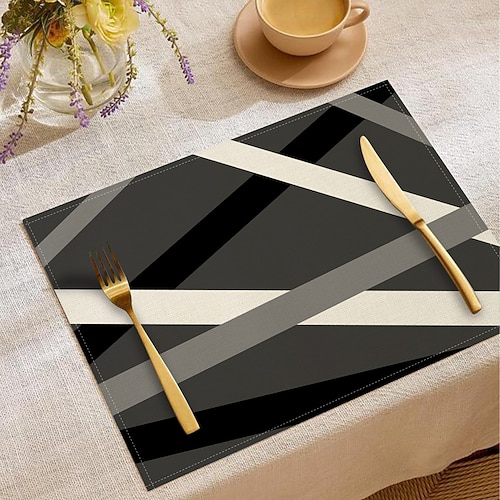 Retro-Tischläufer in Schwarz-Weiß mit geometrischem Muster, rechteckige Tischdekoration aus 100 % gewebtem Polyester, minimalistisches abstraktes Musterdesign, maschinenwaschbar, hitzebeständig Image