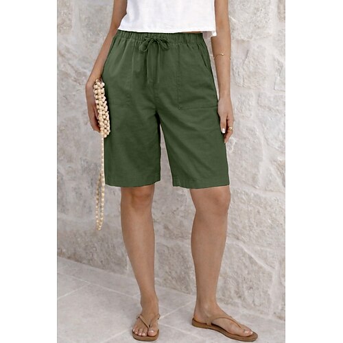 Damen Bermudashorts Shorts aus Baumwollleinen Shorts Sommershorts Urlaub Mode Alltagstauglich Knielang Mittlere Taille Einfarbig Einfach Kordelzug Tasche Elastischer Bund Komfort Leicht Weich Image