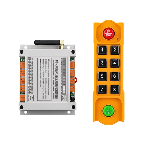 Industrielle drahtlose 8-Kanal-Funkfernsteuerung (433 MHz FSK-Frequenzsprungverfahren) für Krane, Hebezeuge, Winden und Hebezeuge, 8 Start/Stopp-Tasten, Universalempfänger (12–36 V DC, 100–240 V AC) Image